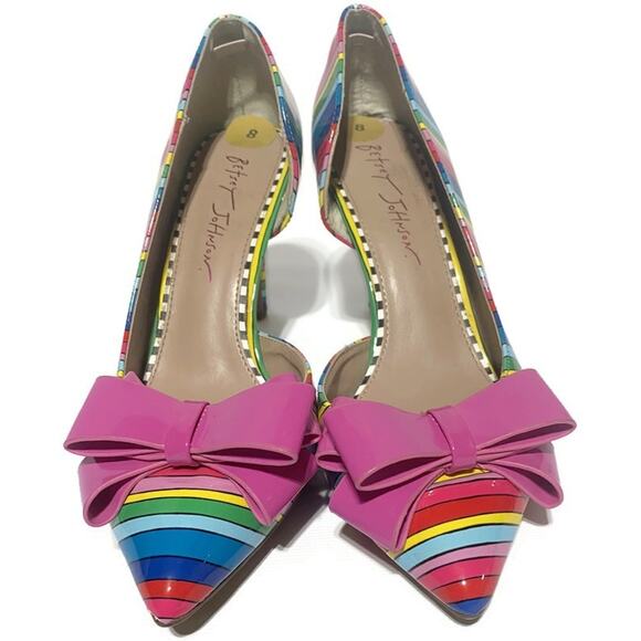Betsey Johnson Relay Rainbow Striped Stiletto Pumps Heels Size 8 With Pink Bow - Picture 4 of 9